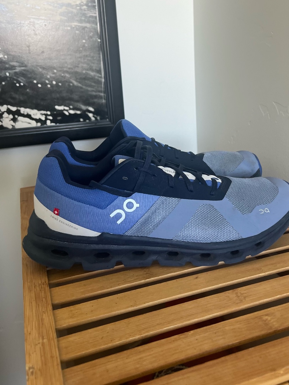 On Men's Cloudrunner in the Shale/Cobalt colorway, size 11.5